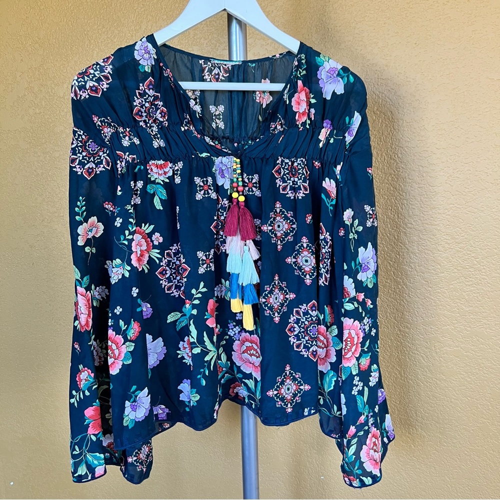 Johnny Was Harley Boho Peasant Floral Top w/ Colorful Tassels - Picture 7 of 15